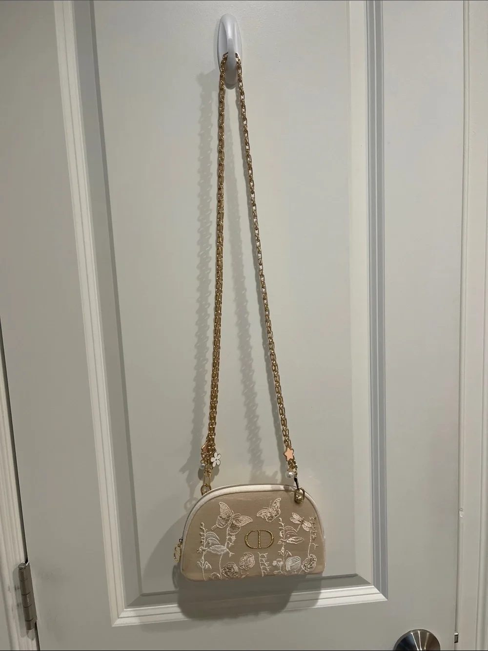 Dior Cream Embroidered Cosmetics Bag with Gold CD Charm and Floral Accents